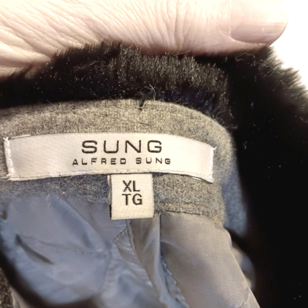 NWOT Alfred Sung Grey Wool Blend Pea Coat Quilted Black Faux Fur Collar XL - Picture 2 of 16